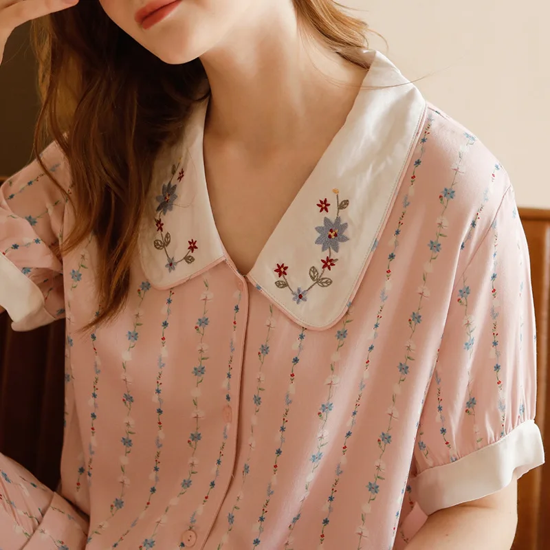 

Summer Women's Embroidered Printed Pajama Set Satin-like Cotton Fabric Lapel Short Sleeve Nighty Gentle Retro New Home Clothing
