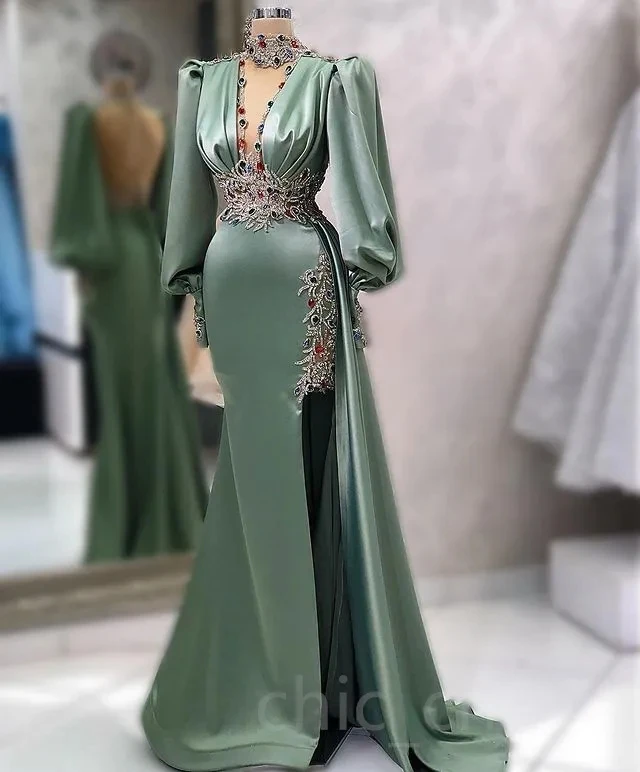 

Aso Ebi Beaded Crystals Prom Dress Mermaid Satin Luxurious Evening Formal Party Second Reception Birthday Engagement Gowns Robe