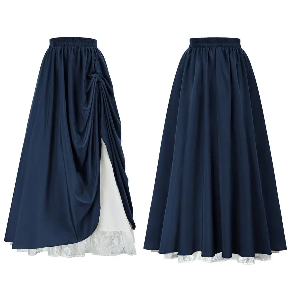 

Women Maxi Skirt Elegant Lace Stitching Maxi Skirt with Pleated Side Detail Solid Color Double Layer Long Skirt for Women