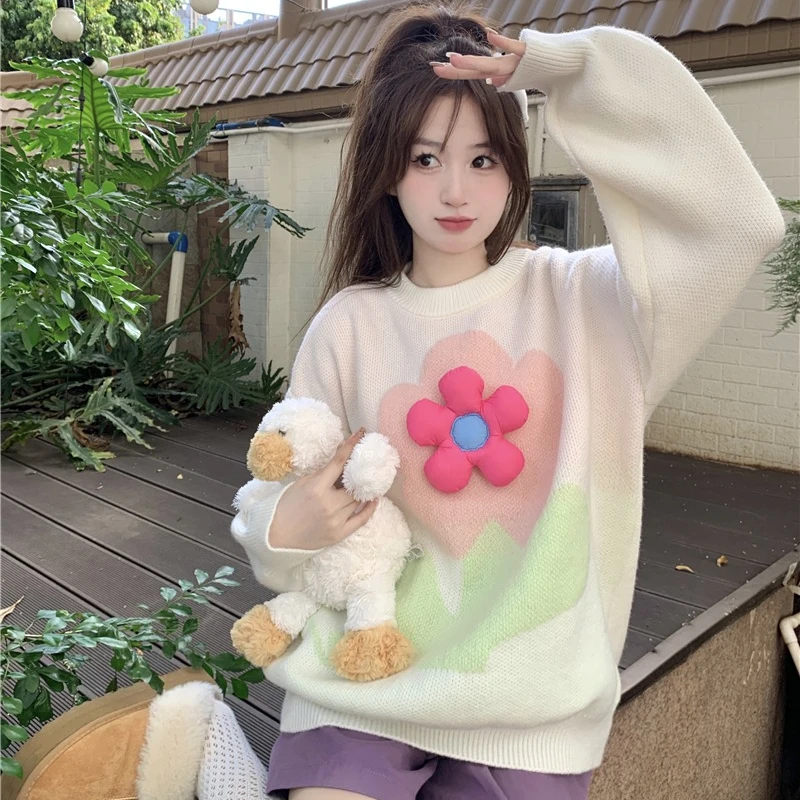 Korean Fashion Sweet Girls Pullovers Women Three-dimensional Flowers Loose Long-sleeved O-neck Versatile Knitted Sweaters Female
Korean Fashion Sweet Girls Pullovers Women Three-dimensional Flowers Loose Long-sleeved O-neck Versatile Knitted Sweaters Female