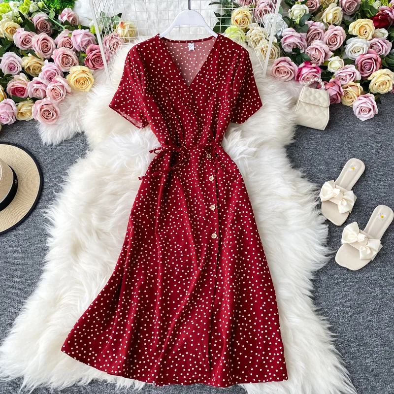 

Simple Chic Polka Dot Bottom A-line Dress Women Flare Sleeve High Waist Maxi Dress Elegant Office Lady Dress Spring Summer 2022