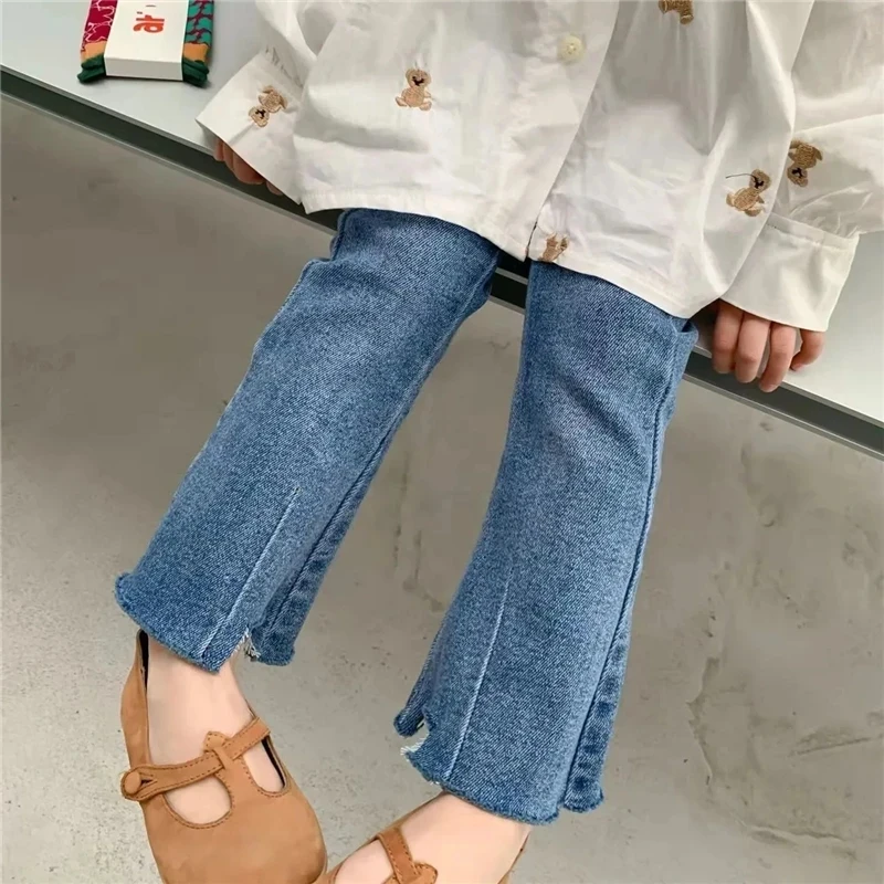 

Модные Универсальные детские джинсы, демисезонные джинсовые брюки-клеш для девочек, удобные детские брюки с эластичным поясом, джинсы для девочек