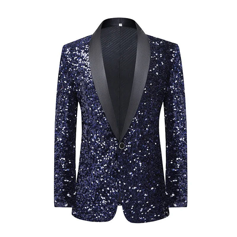 

Men's Dress Sequin Color Changing Flash Bar DJ Nightclub Stage Performance Suit Host Singer Navy Blue Jacket
