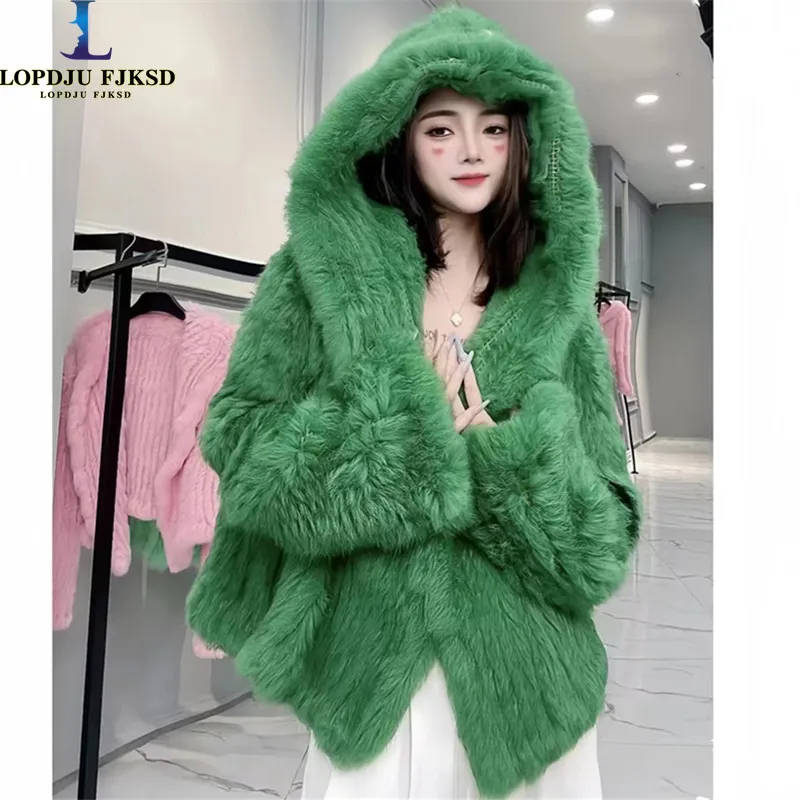 

Real Rex Rabbit Fur Coat Women，Hooded Thick Warm Loose Jacket，Open Stitch High Quality Overcoat Female Clothing，Winter， New