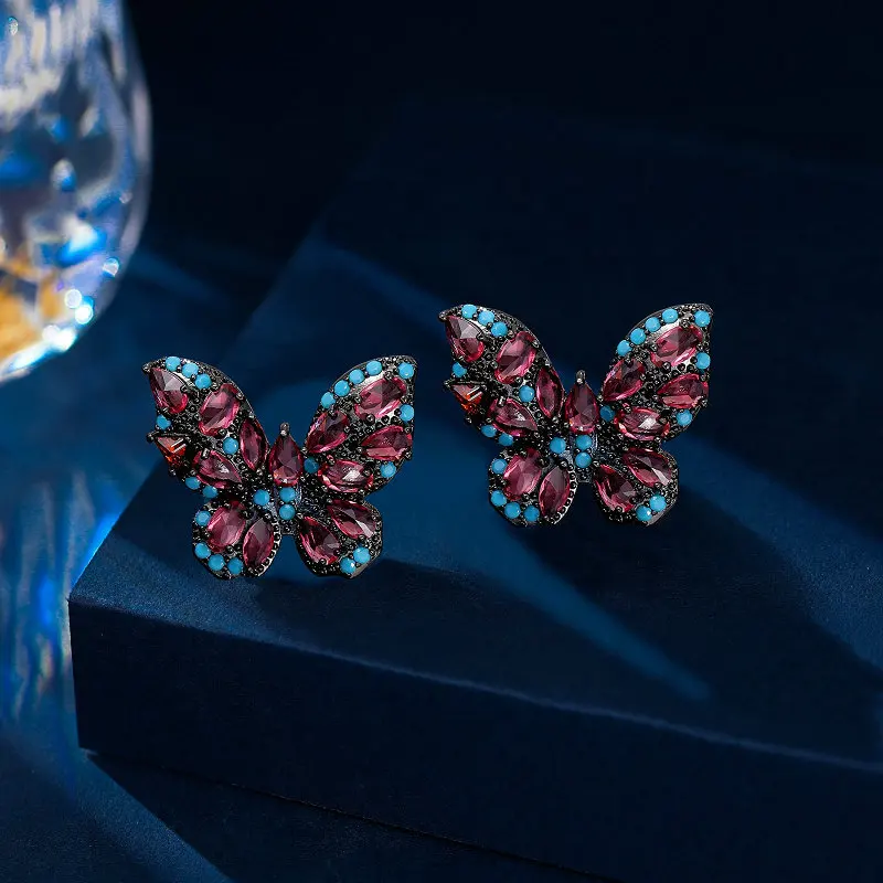 

New Niche Temperament And High-End Sense Earrings Fashion Full Diamond Colored Zircon Inlaid Retro Style Butterfly Ear