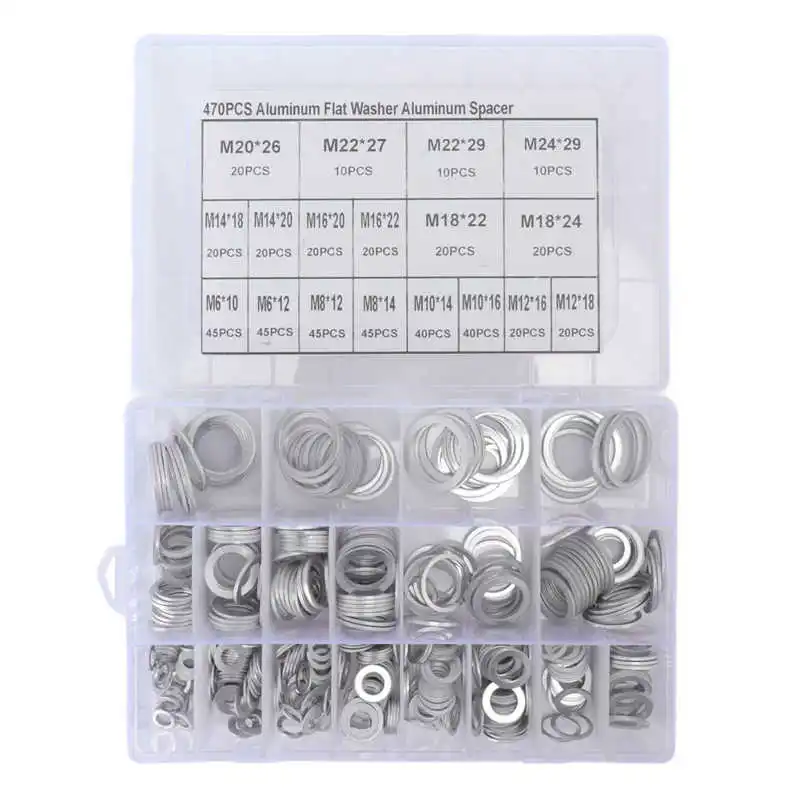 470Pcs/set Sealing Washer Aluminum Alloy Round Flat Washer Assortment Kit for Automobiles Faucets Washer Kits
470Pcs/set Sealing Washer Aluminum Alloy Round Flat Washer Assortment Kit for Automobiles Faucets Washer Kits