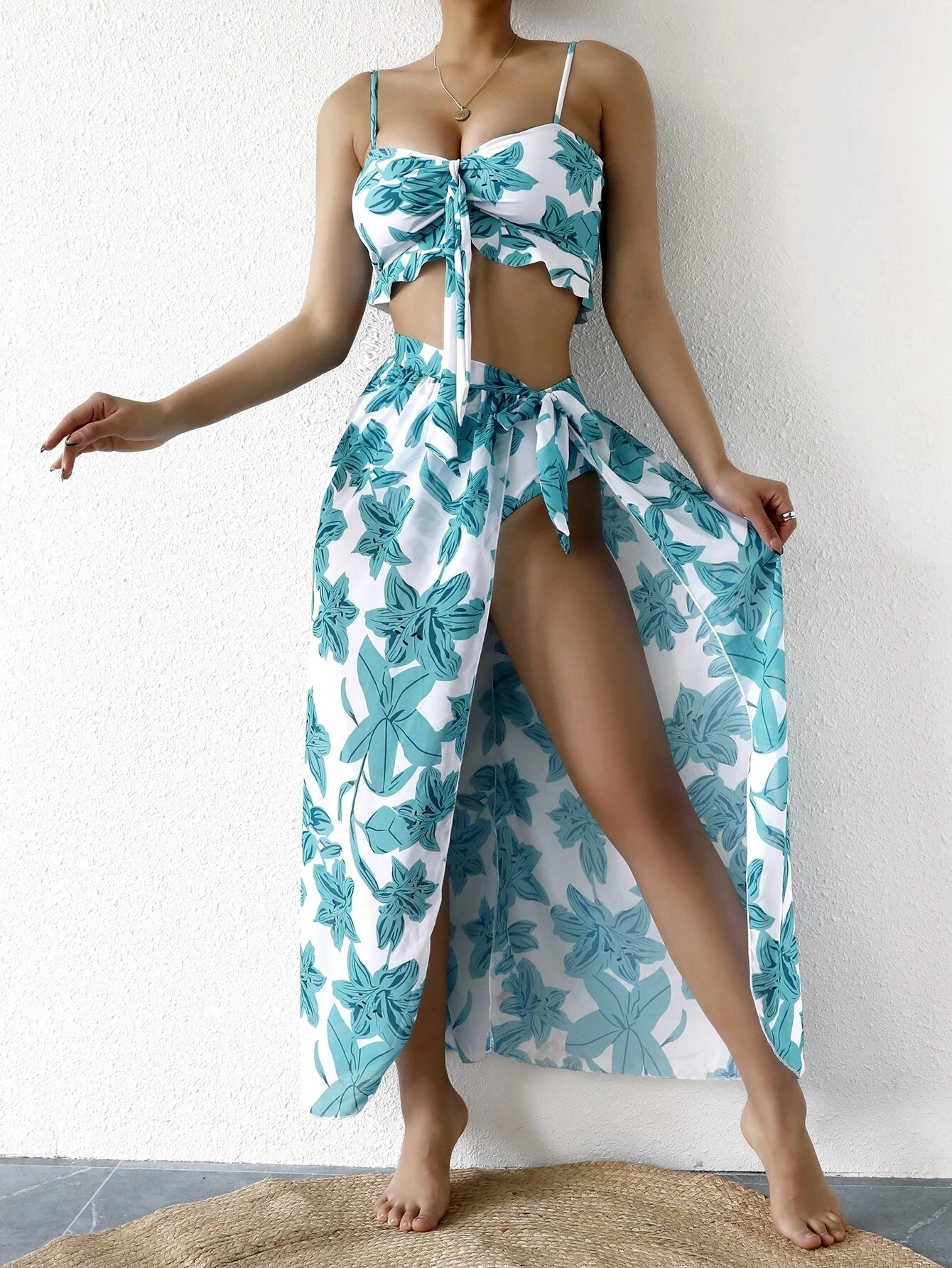 

3pack Floral Graphic Knot Front Bikini Swimsuit Swimwear Women Beach Skirt Cover Up High Waist Beachwear 2024 Beach Bathing Suit