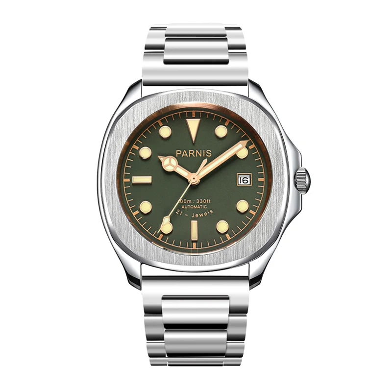 

New Parnis 40mm Green Dial Automatic Mechanical Men Watch Sapphire Glass Stainless Steel Bracelet Men Watches reloj hombre 2024