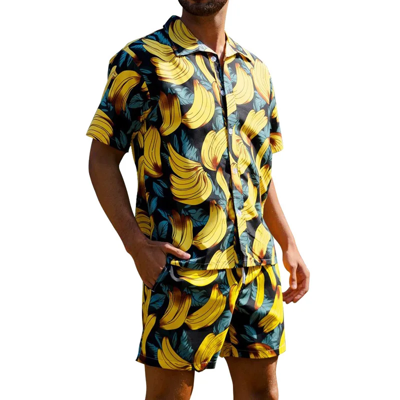 

NEW 2023 Mens Tropical Print Leaf Banana Print Hawaii Shirt and Dry Beach Shorts Hawaiian Set