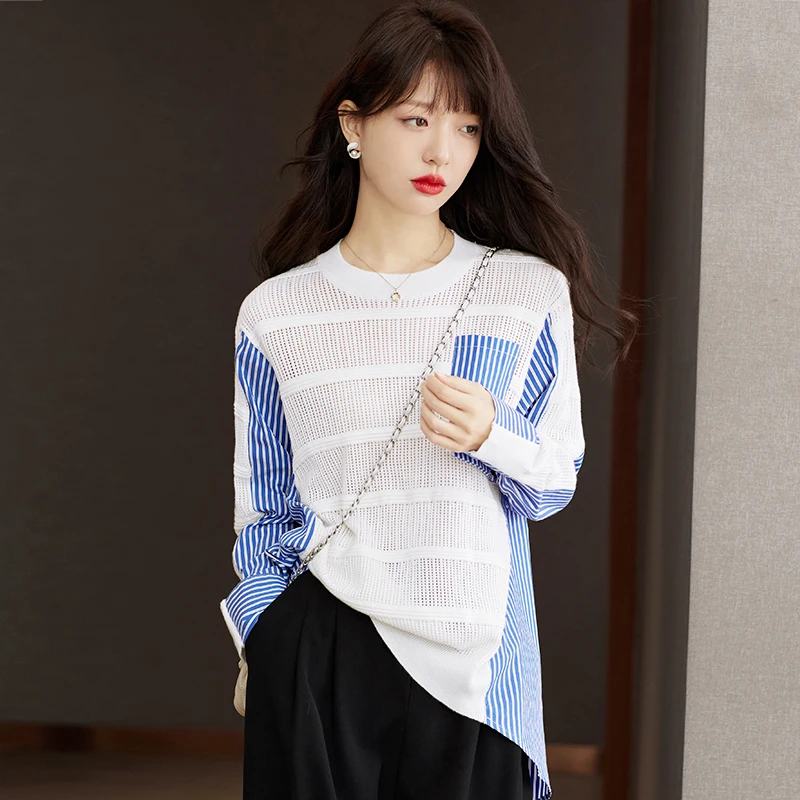 

Fashion Spliced Stripe Long Sleeve O-neck Loose Knit Sweater Pullovers Women Tops Autumn Winter Elegant Casual Knitwear D2172