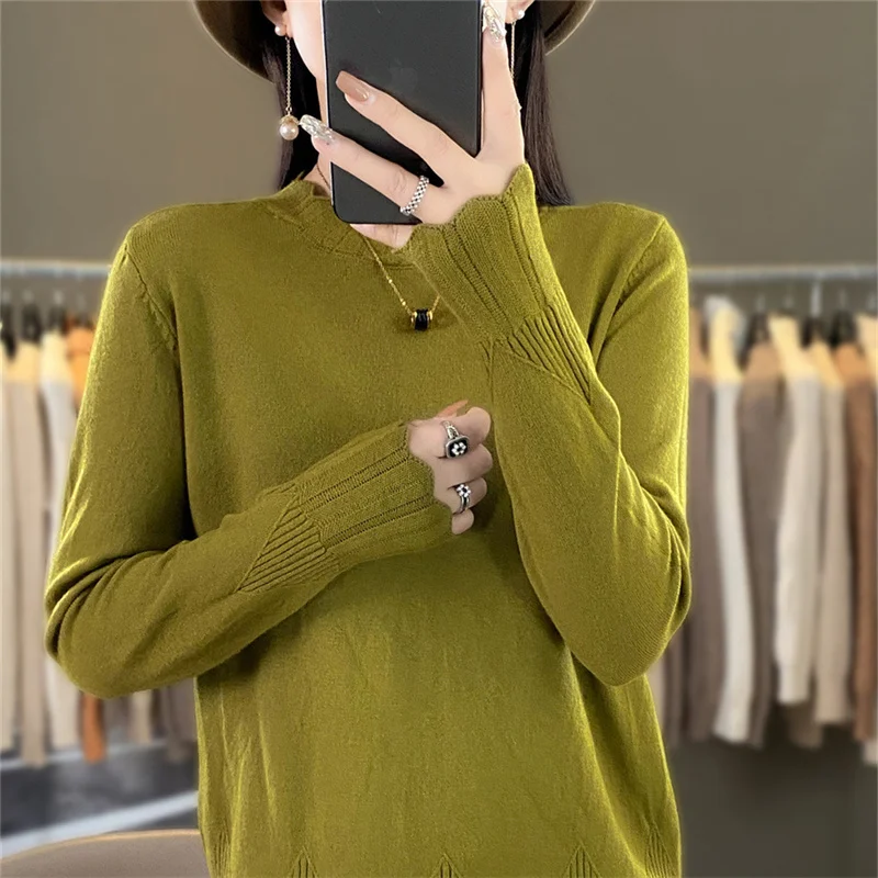 

Women's boutique round neck sweater autumn and winter knitted cashmere sweater Women's solid color pullover long sleeved top