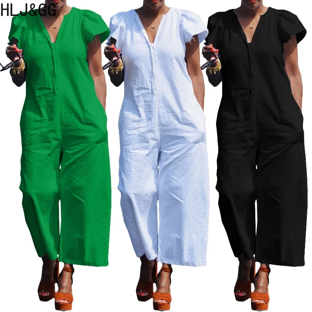 

HLJ&GG Spring New Solid Loose Pocket Jumpsuits Women V Neck Short Sleeve Straight Playsuits Casual Female Matching Streetwear