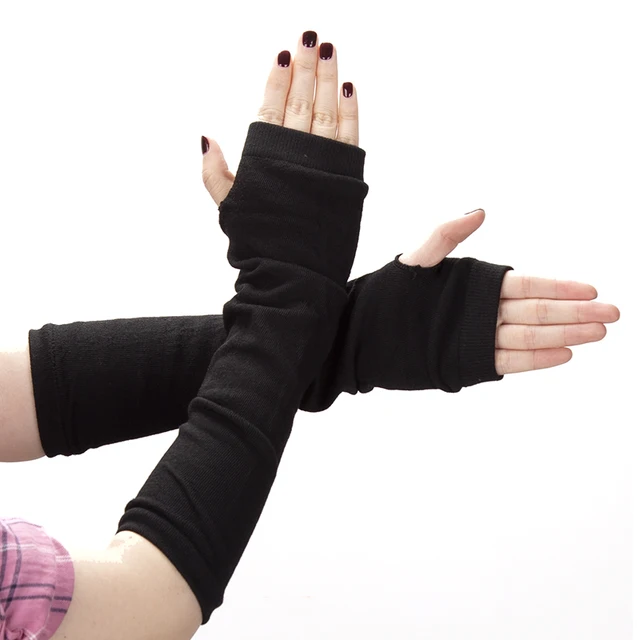 Gants longs sans doigts pour femmes, automne et hiver, noirs, pour hommes, rayé, coude, pour filles, manchettes tricotées, Punk, gothique 1