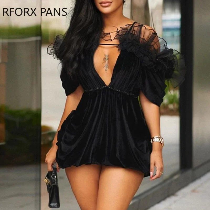 

Cold Shoulder Mesh Ruffles Ruched Backless Cutout Half Sleeve Bodyco Party Dress Women Dress