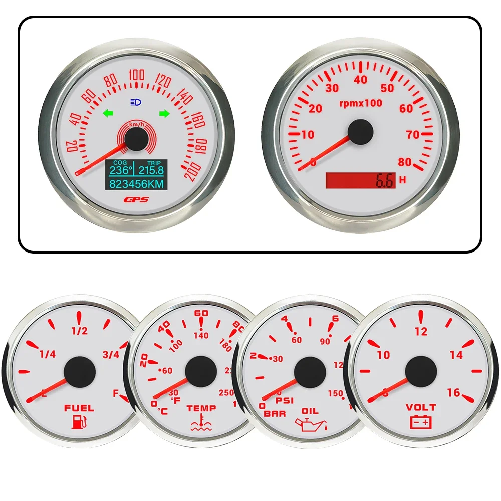 

New 6 Gauge Set 85mm GPS Speedometer+Tachometer + 52mm Water Temp Oil Pressure Fuel Level Voltmeter 12V with 7 Colors Backlight