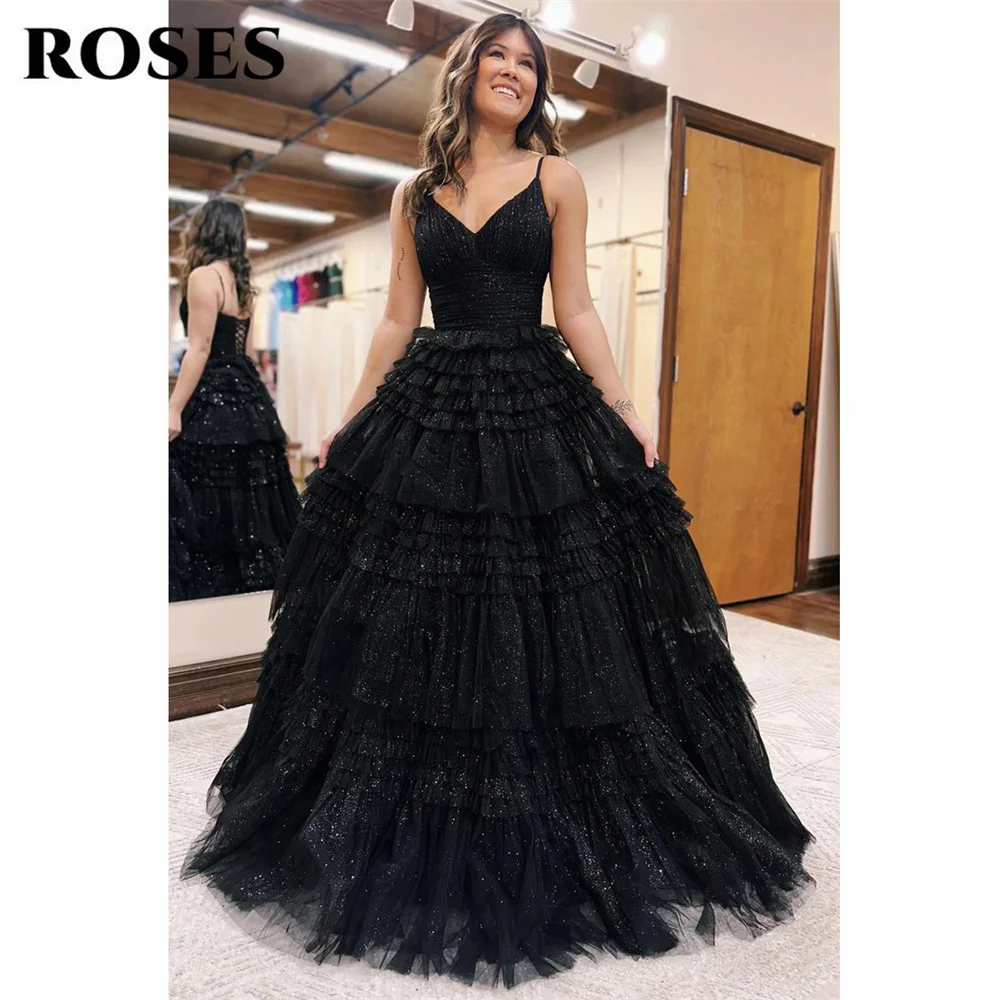 

ROSES Black Party Dress Sweetheart Celebrity Dresses Appliques Layer Special Occasion Dresses A-Line Spaghetti Straps فستان سهرة