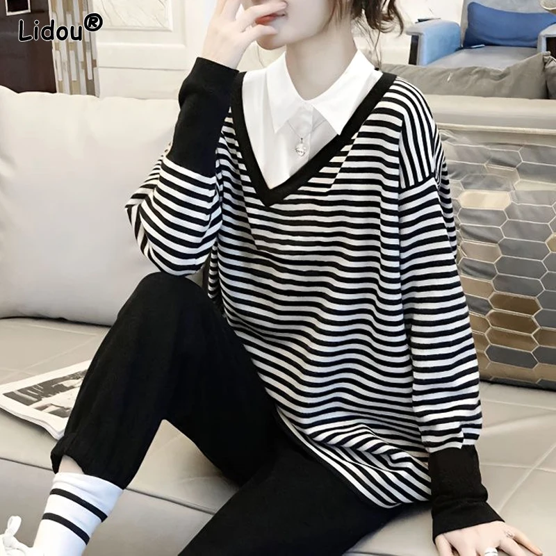 

2023 Spring and Autumn Season Fashion Korean Style Slim and Casual Loose Versatile Commuter Stripe Spliced Fake Two Piece Top