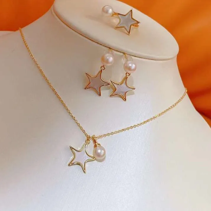 

Filled Star Jewelry Set 6-7MM Freshwater Pearl Necklace Ring Earring Set New Product Explosive 14k Gold Trendy Women's 441