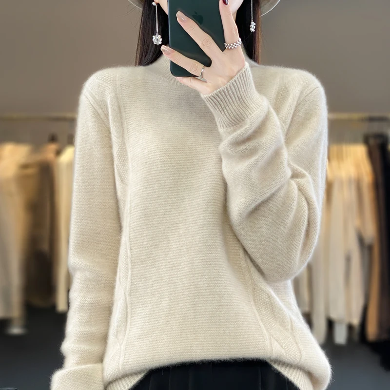 

DjzDsm Women 100% Merino wool top Thickened twist half turtleneck loose comfortable top sweater 2024 new model