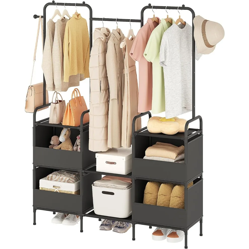 

Clothes Rack, Storage Shelves and 4 Storage Pockets, 3 Rods Portable Clothing Hanging Garment Racks, Coat Rack