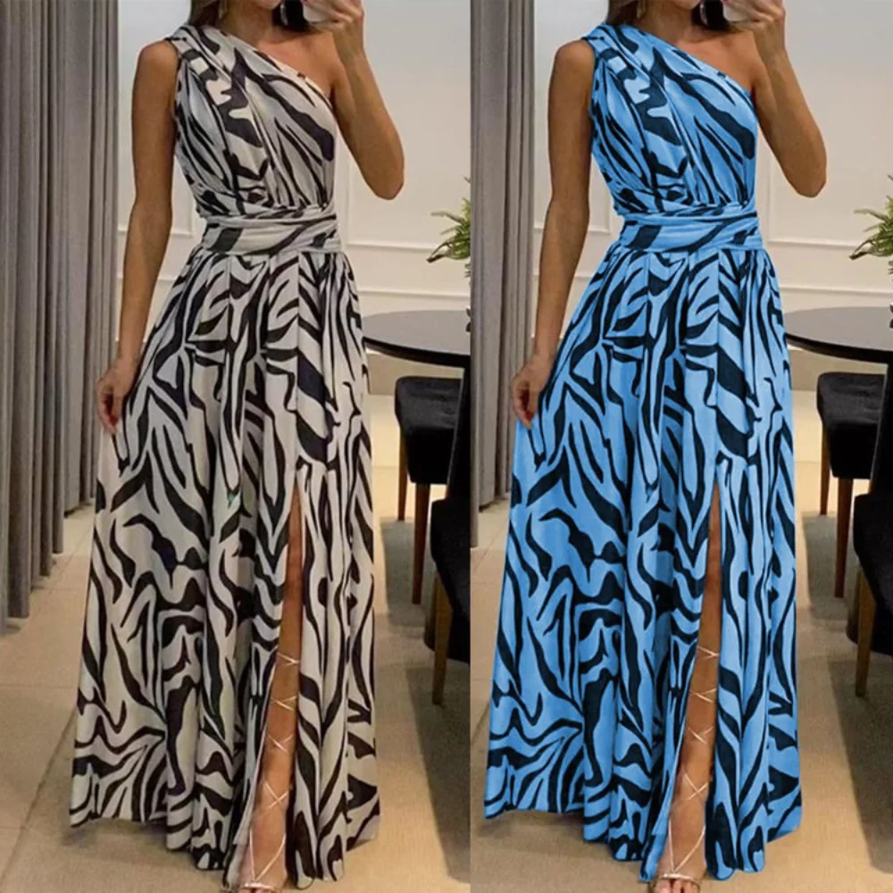 

Women Maxi Dress Summer Fashion One Shoulder Sleeveless High Slit Backless Nipped Waist Long Skirt Party Evening Dresses New