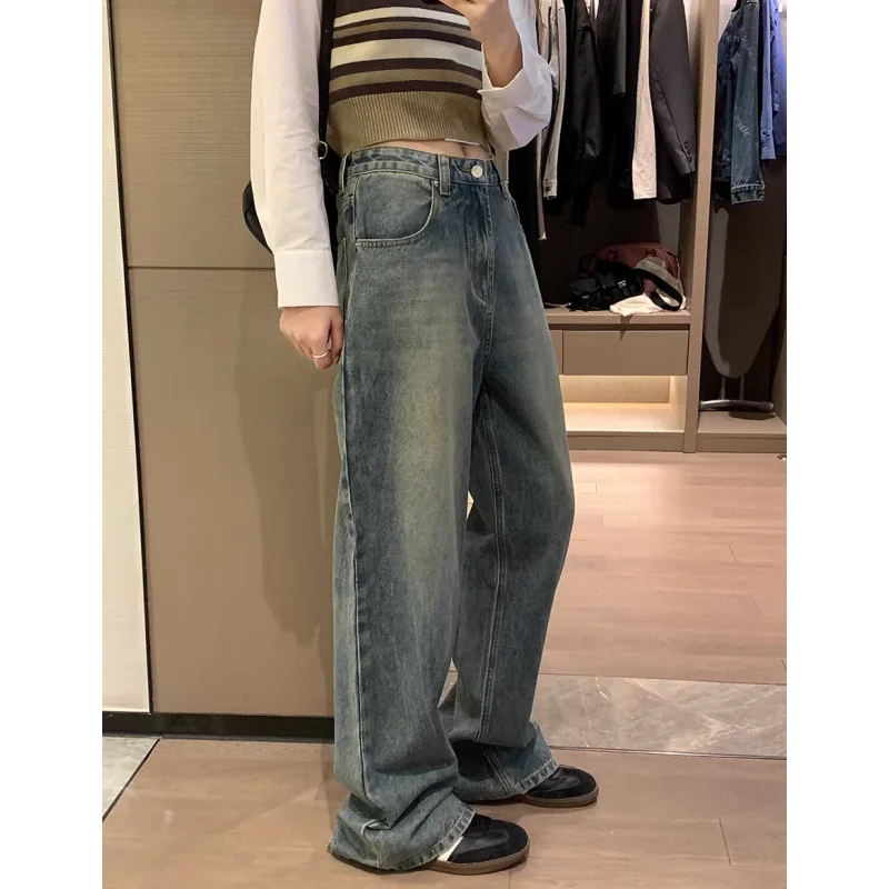 

Женские синие джинсы с завышенной талией, шикарные американские широкие брюки, модные мешковатые винтажные женские прямые брюки Y2K на осень, 2024