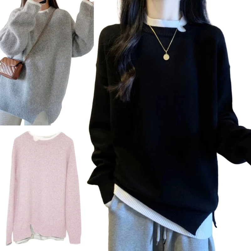 

Women Fashion Fake 2 Piece Long Sleeve Crewneck Loose Sweater Casual Colorblock Patchwork Split Knit Pullover Jumper Top