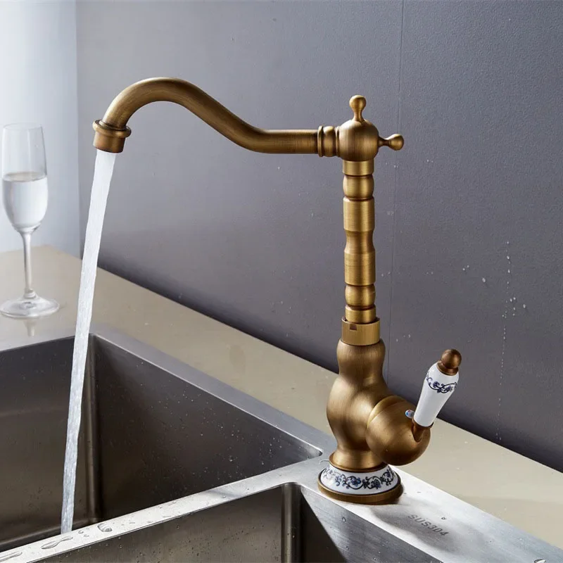 

Antique Brass Kitchen Faucet Deck Mounted Single Hole Bathroom Basin Tap Rotatable Hot & Cold Mixer Water Sink Faucets