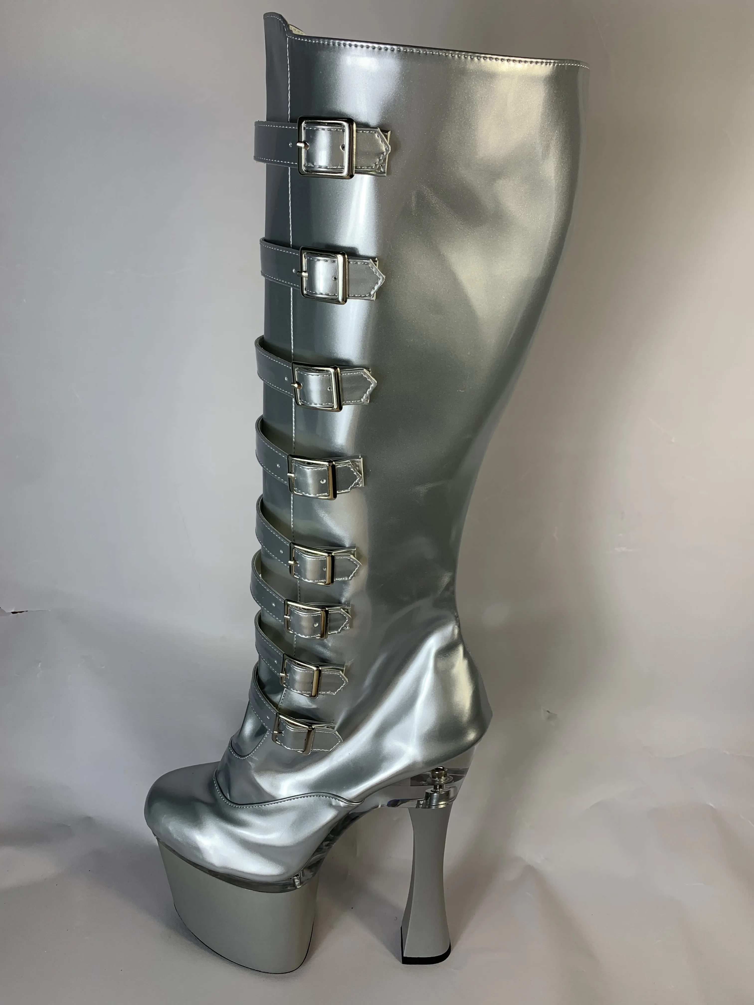 

Silver 18cm high heel knee-high boots, buckle side zipper opening, round toe fashion Gothic tall gladiator mid-calf dance shoes