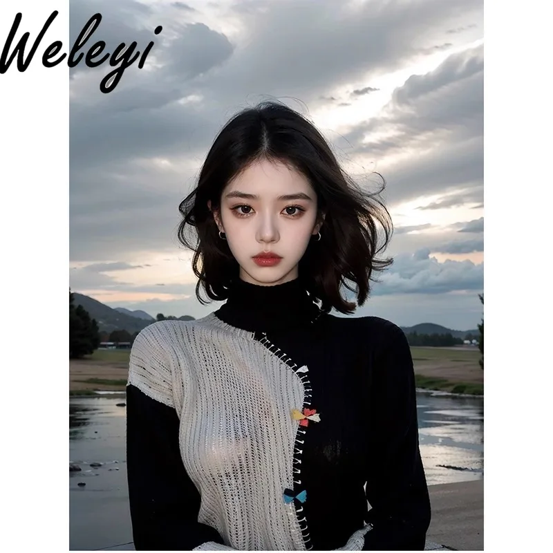 

Women's Turtleneck Pullover Sweater Early Autumn Clothes New Sweet College Style Unique Black Panel Fashion Long Sleeve Sweaters