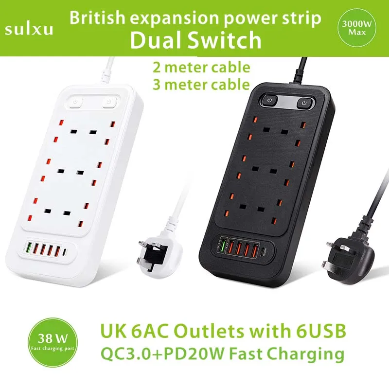 

UK dual switch power socket with 6USB 6AC Outlets,TYPE-C PD20W QC3.0 fast charger power board 2meter cable expansion power strip
