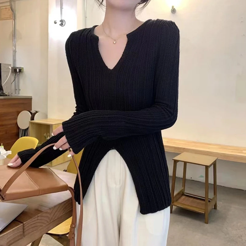 2023 Autumn Elegant Knit Shirt Jumper V-neck Split Long Sleeve Pullover Knitted Sweater Women Slim Fit Casual Simple Tops 28974
2023 Autumn Elegant Knit Shirt Jumper V-neck Split Long Sleeve Pullover Knitted Sweater Women Slim Fit Casual Simple Tops 28974