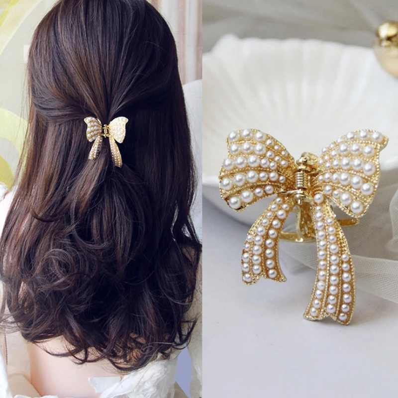 

Elegant Bowknot Pearl Hair Claw Crab Clip For Women Girl Barrette Hairpin Hair Accessories Jewelry Gifts