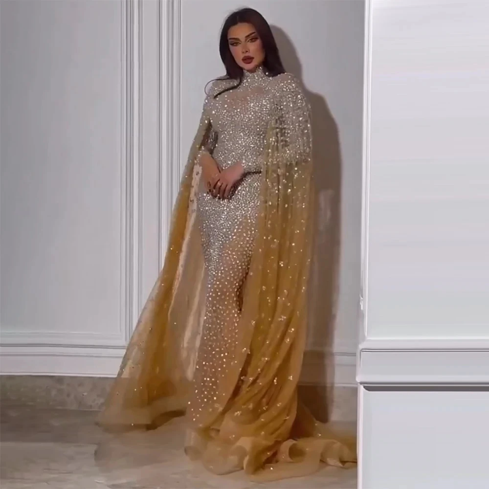 

Luxury Beading Evening Dresses Sparkle Floor-Length Sexy Mermaid Evening Gown with Cape Dubai Arab Court Custom 2024 for Women