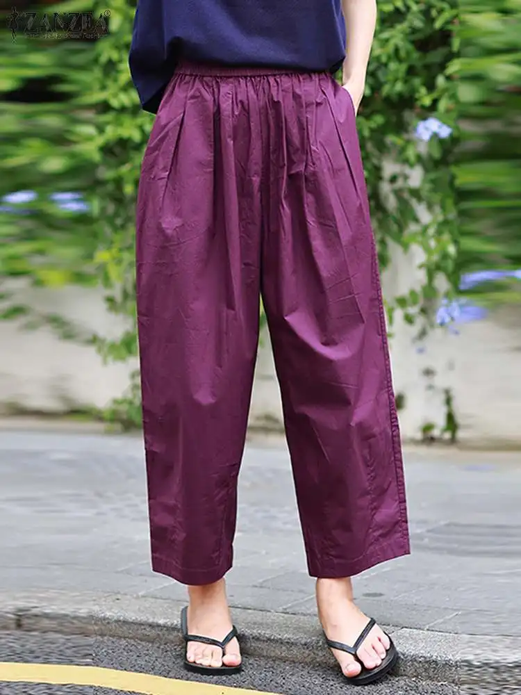

ZANZEA 2024 Spring Loose Harem Trousers Elegant Elastic Waist Pantalones Women Fashion Long Pants Casual Pleats Pockets Bottoms