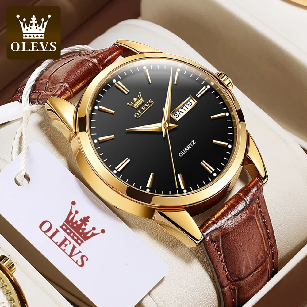 

OLEVS Fashion Quartz Watch for Men Date Week Simple Dial Men's Watch Leather Strap Waterproof Luminous Business Wristwatch Reloj