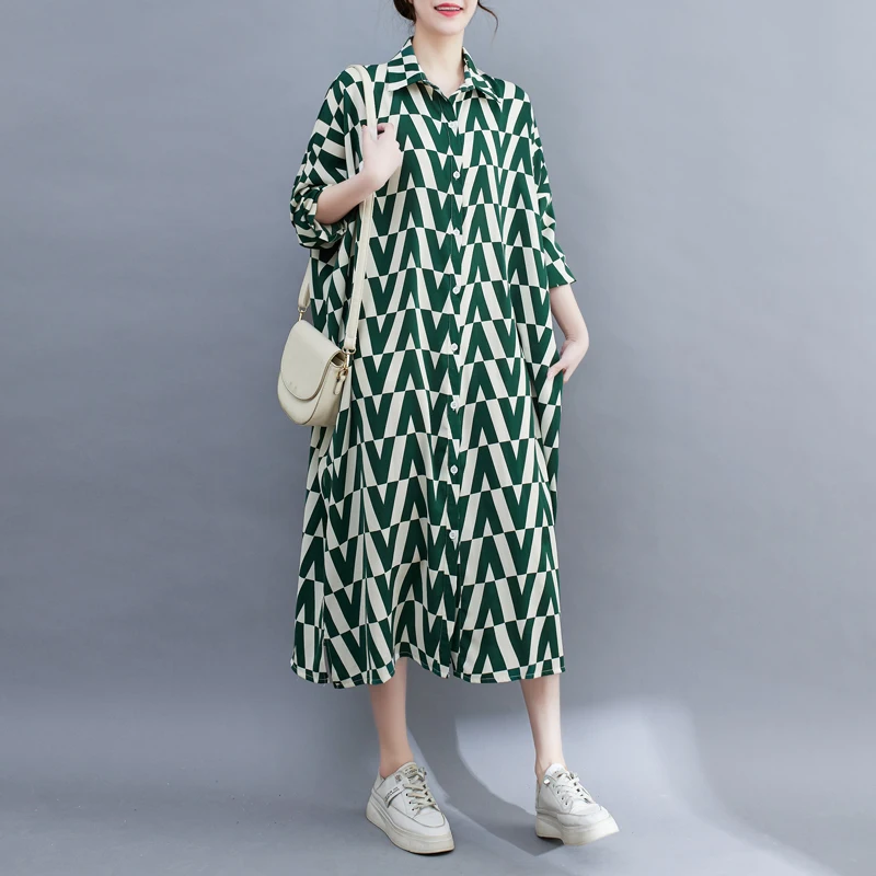 

#6879 весенне-летнее шифоновое длинное платье-рубашка винтажное платье миди с отложным воротником с длинным рукавом Свободные боковые карманы Ретро трапециевидного силуэта