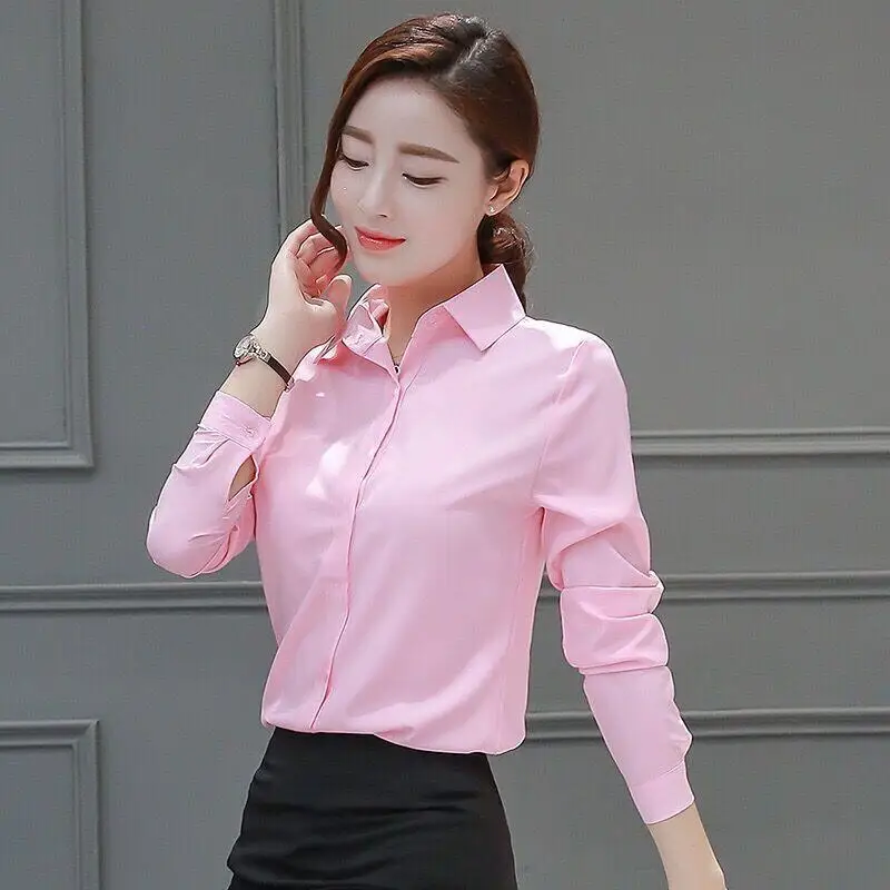 

Women Clothing New Spring Autumn Long Sleeve Solid Color Office Shirt Tops Polo Collar Button Slim Basic Blouse Casual Fashion