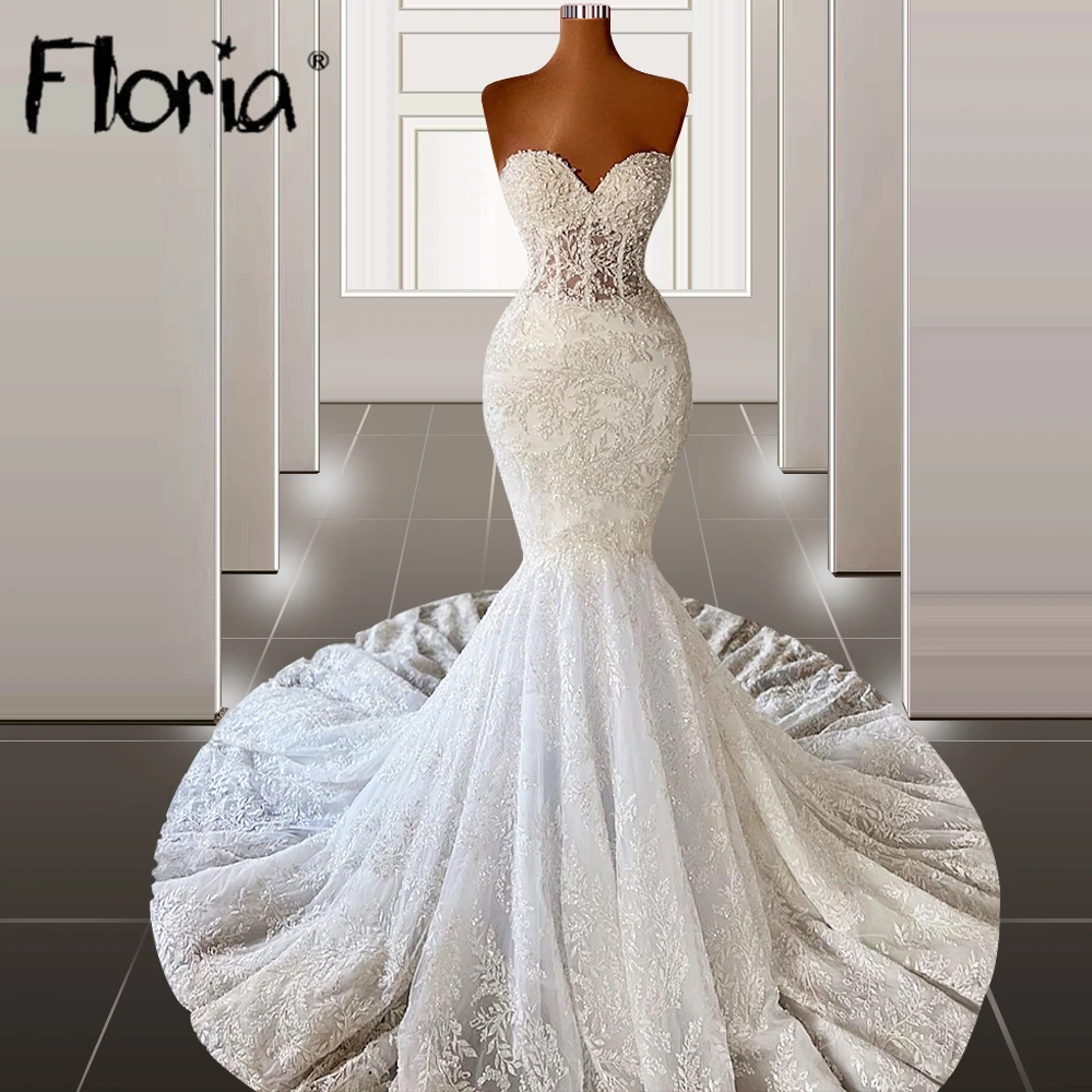 

Romantic Long Mermaid Lace Wedding Dress 2023 Arabic Lace Up Back Bridal Gowns Beaded Robe de mariée Sleeveless Sweep Train