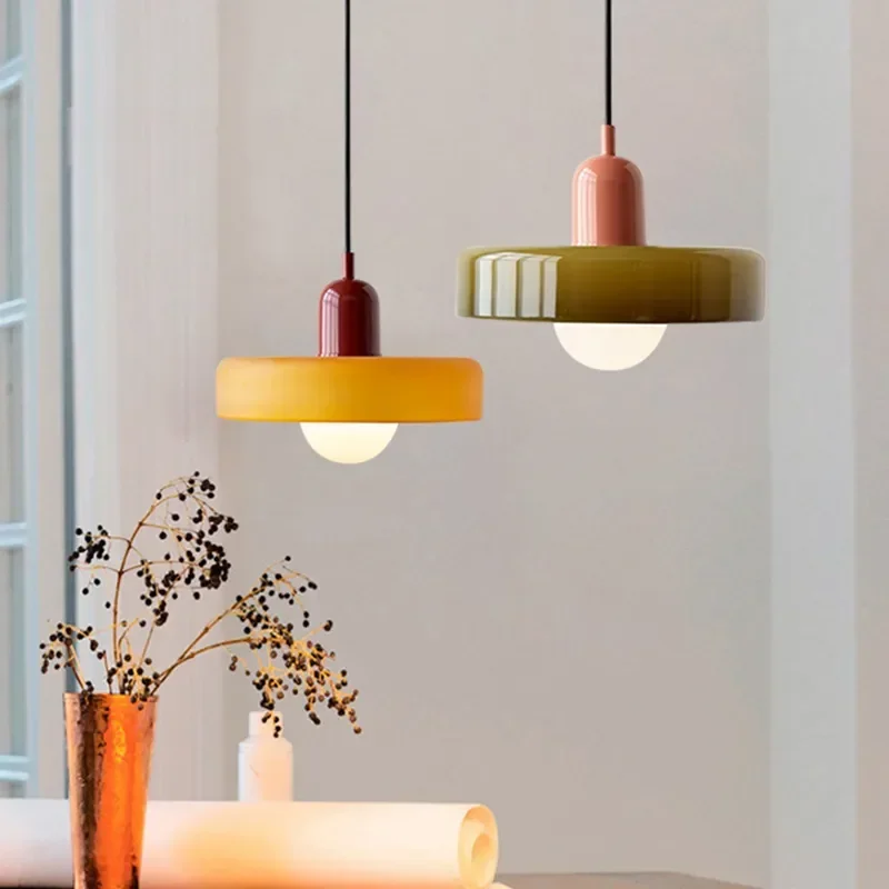 

Nordic Colorful Pendant Lamp Makaron Light Bedroom Bedside Hanging lights Ancient Glass Chandelier Lamps for Living Room