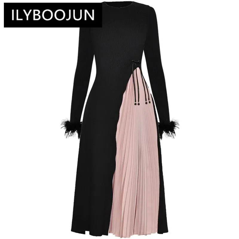 

ILYBOOJUN Autumn Fashion Designer Vintage Party Spliced Dress Women O Neck Feather High Elastic Knitting Slim Pleated Long Dress