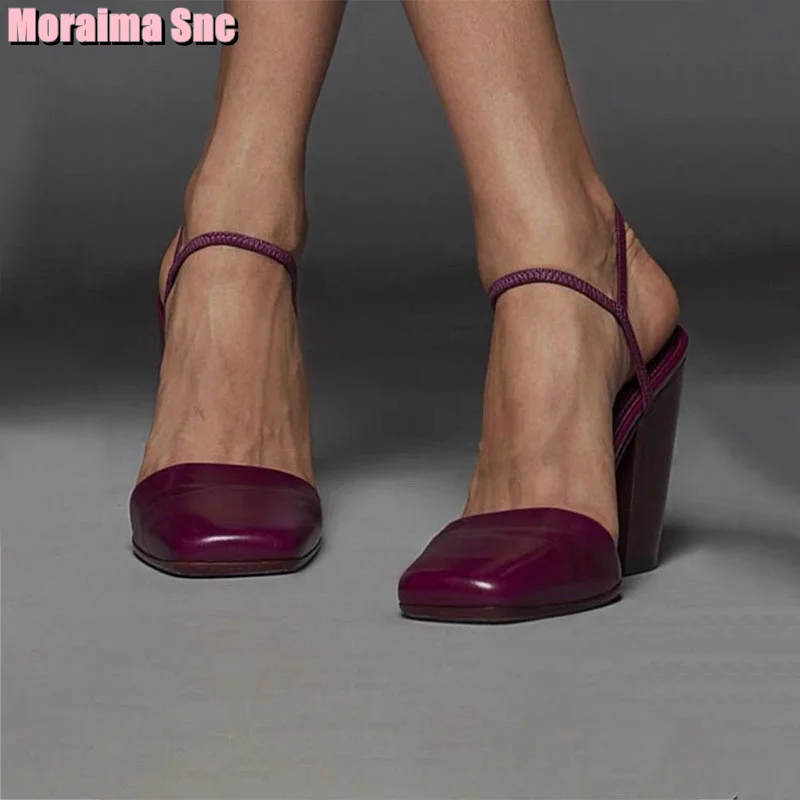 

New Fashion Sexy Shallow Square Toe Sandals Block Chunky Heel Ankle Buckle Strap Burgundy Solid Women's Shoes Spring Summer 2024