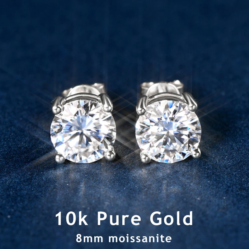 

AINUOSHI 10K Yellow Gold Stud Earring Original Certified 8mm 2ct Moissanite Earrings for Women Sparkling Screw Back Jewelry Gift