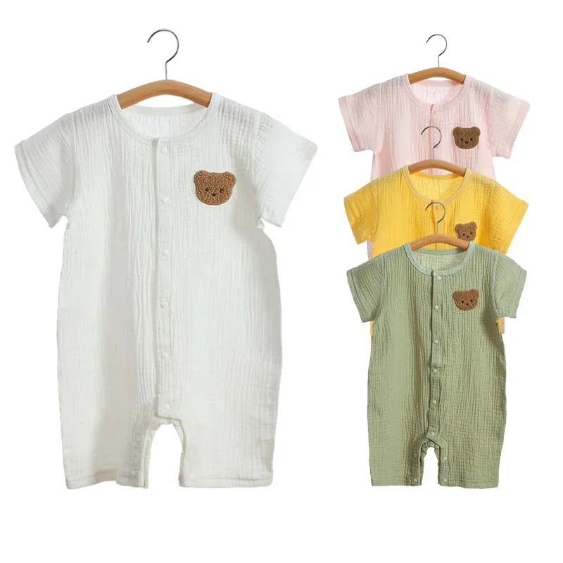 

Детский комбинезон из муслина с коротким рукавом, комбинезон для девочек и мальчиков, милая цельная одежда с медведем, летние тонкие комбинезоны для новорожденных