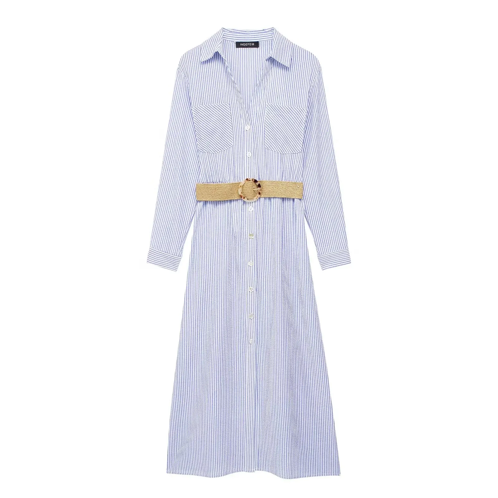 TRAFZA Women Summer New Fashion Blue Stripe Buttons Belt Ankle Length Dress Female V-Neck Three Quarter Sleeves Beach Dress TRAF
TRAFZA Women Summer New Fashion Blue Stripe Buttons Belt Ankle Length Dress Female V-Neck Three Quarter Sleeves Beach Dress TRAF