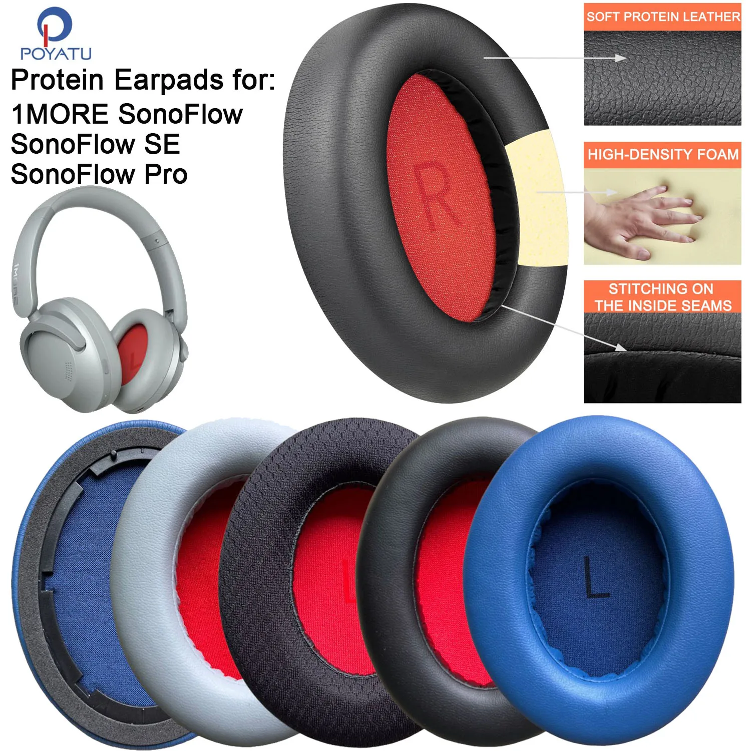 Earpads for 1MORE SonoFlow/SonoFlow SE/SonoFlow Pro Headphones Replacement Ear Pads Cushions Protein Earmuff Earpads for 1MORE SonoFlow/SonoFlow SE/SonoFlow Pro Headphones Replacement Ear Pads Cushions Protein Earmuff