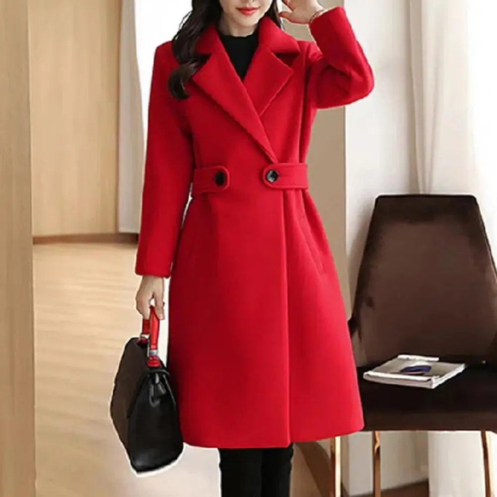 

Fall Winter Women Overcoat Thick Solid Color Turn-down Collar Long Sleeve Cardigan Belted Button Closure Mid Length Loose Lady C