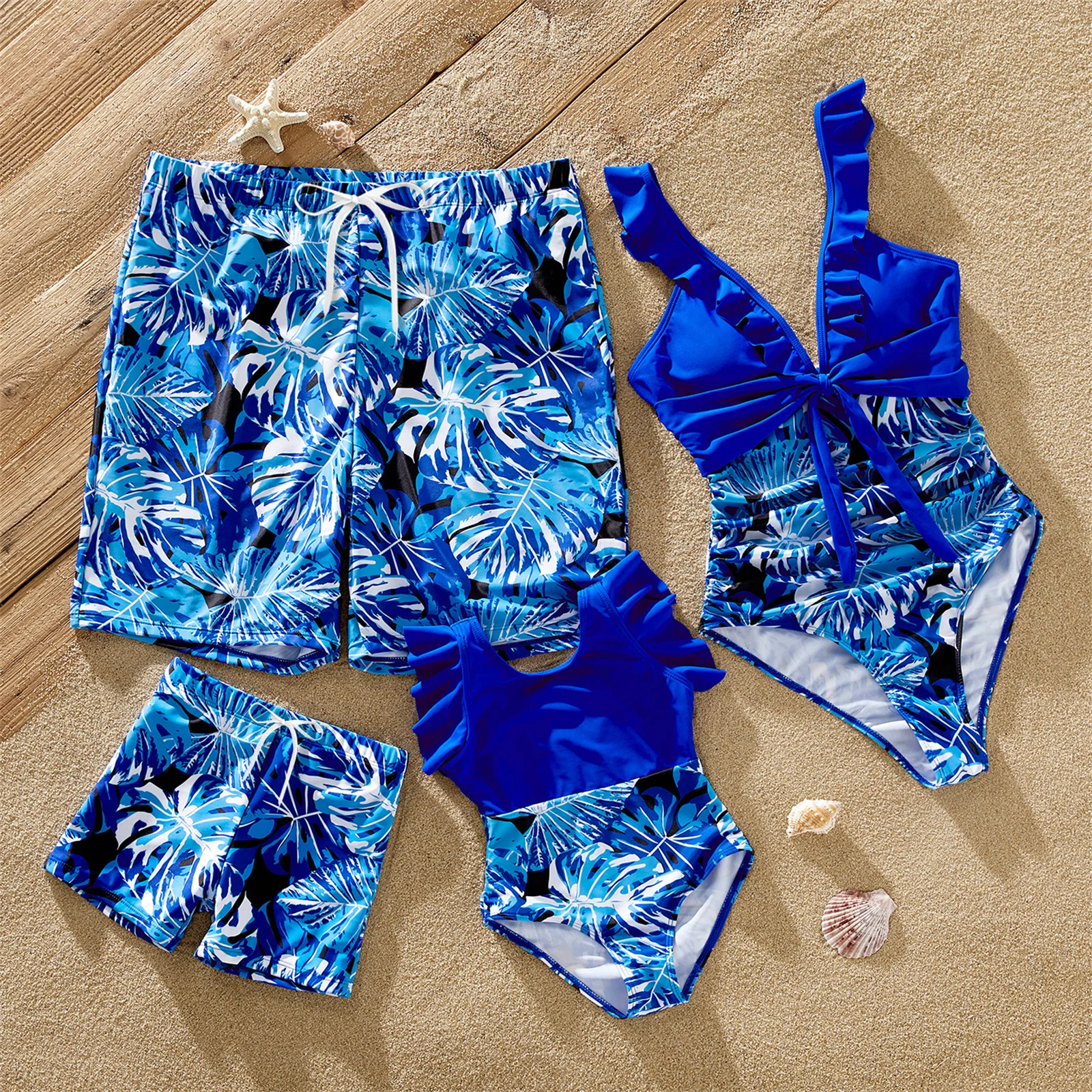 

PatPat Family Matching Swimsuits Plant Print Swim Trunks and Blue Ruffle Trim Spliced One-piece Swimsuit