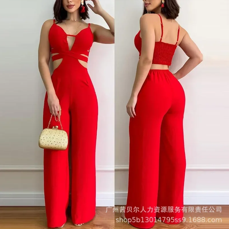 

One Piece Sets Women Sexy Sleeveless V Neck Hollow Out Splice Jumpsuits Sling Overalls Solid Wide Leg Long Pants Rompers 2023