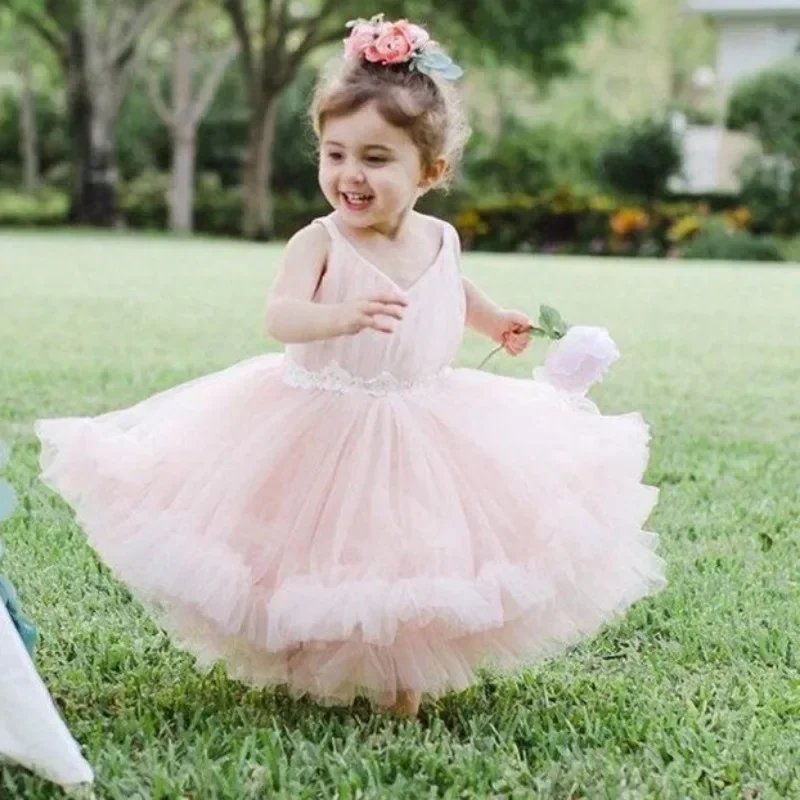 

Розовое кружевное платье с цветочным принтом для девочек, милое Тюлевое платье с V-образным вырезом для маленьких девочек на день рождения, свадьбу, принцессы, платье для первого причастия